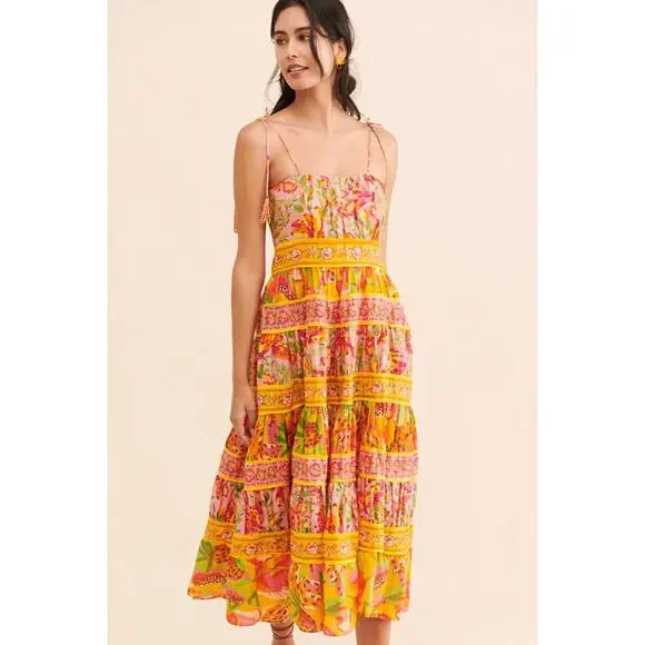 FARM Rio Yellow Pink Floral Tiered Midi Dress - Picture 2 of 12